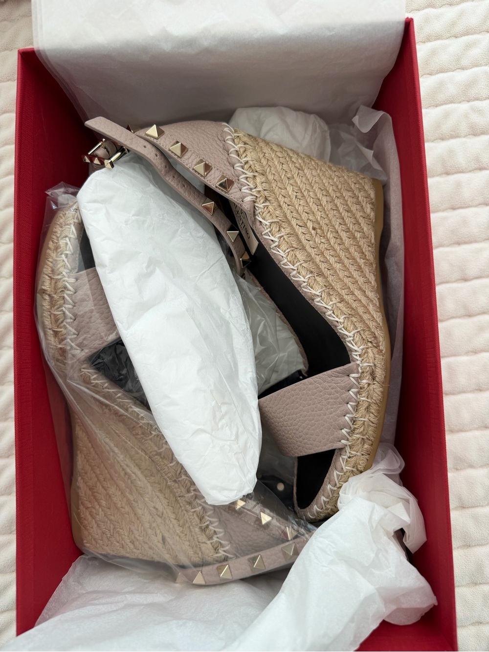 Stud-Trim Beige Wedge Espadrille Sandals